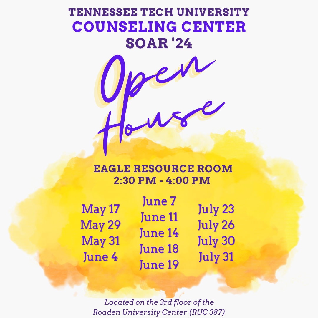 open house dates for the Counseling Center listed against a yellow background