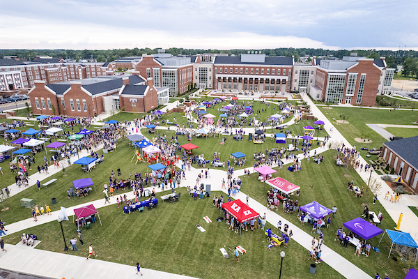 aerial view of tennessee tech campus with tents scattered around