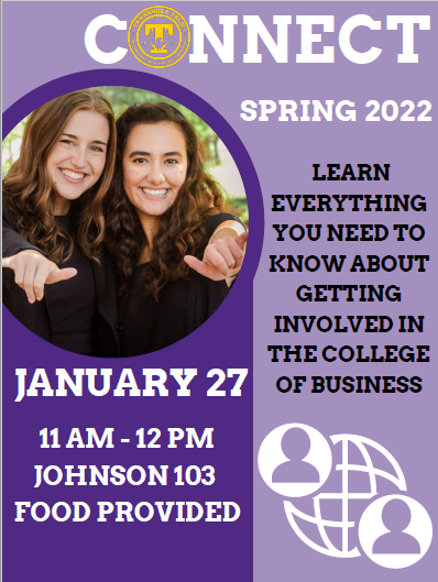Connect Event: January 27, 2022 in Johnson Hall Auditorium. Image shows two students posing with a "Wings Up"