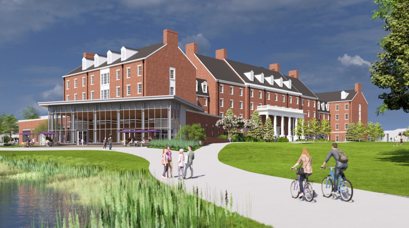 Rendering of J.J. Oakley Innovation Center and Residence Hall. Architect's rendering of Innovation Center Residence Hall, view from northeast.