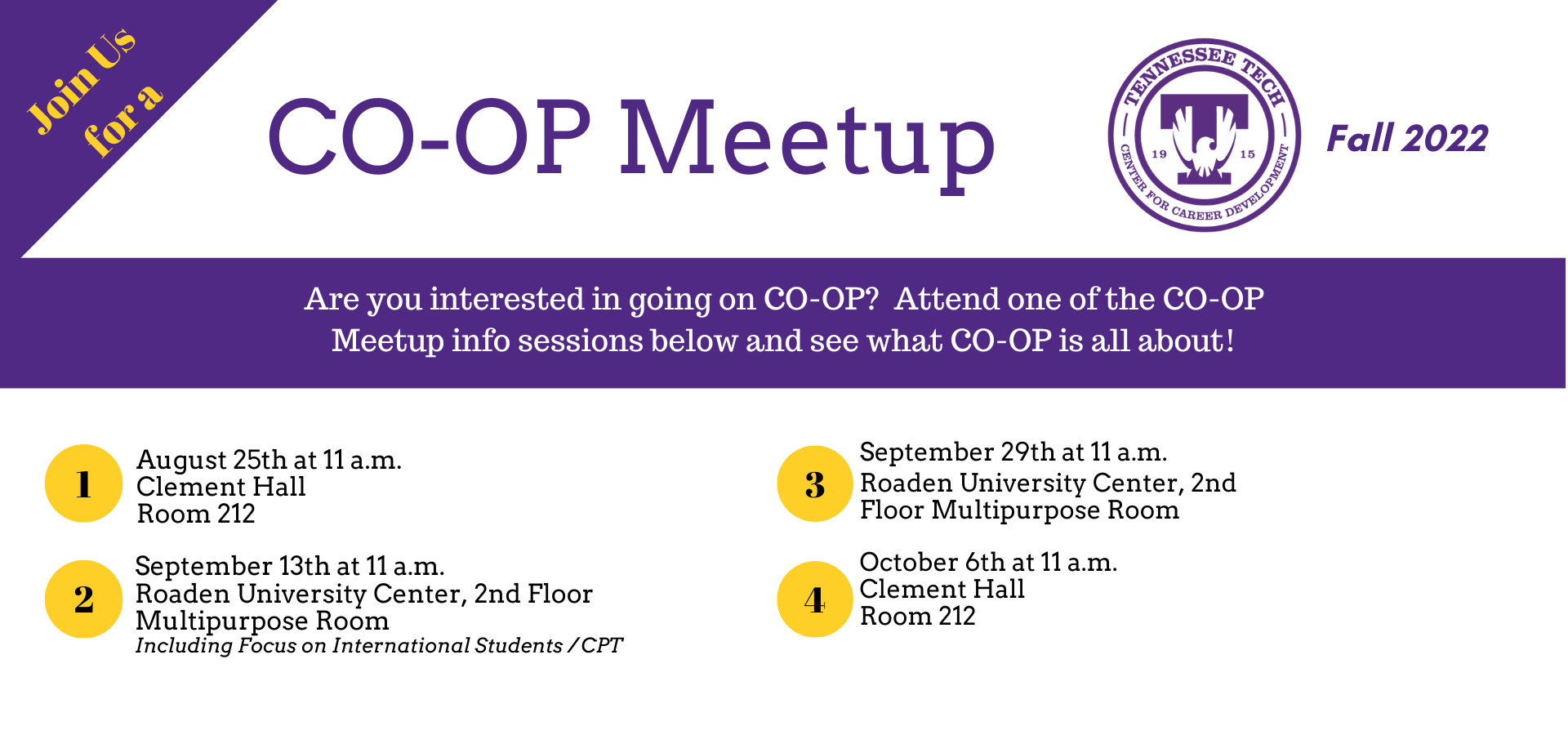 Co-Op Meetup Info Sessions on Aug. 15, Sept. 13, Sept. 29, and Oct. 6