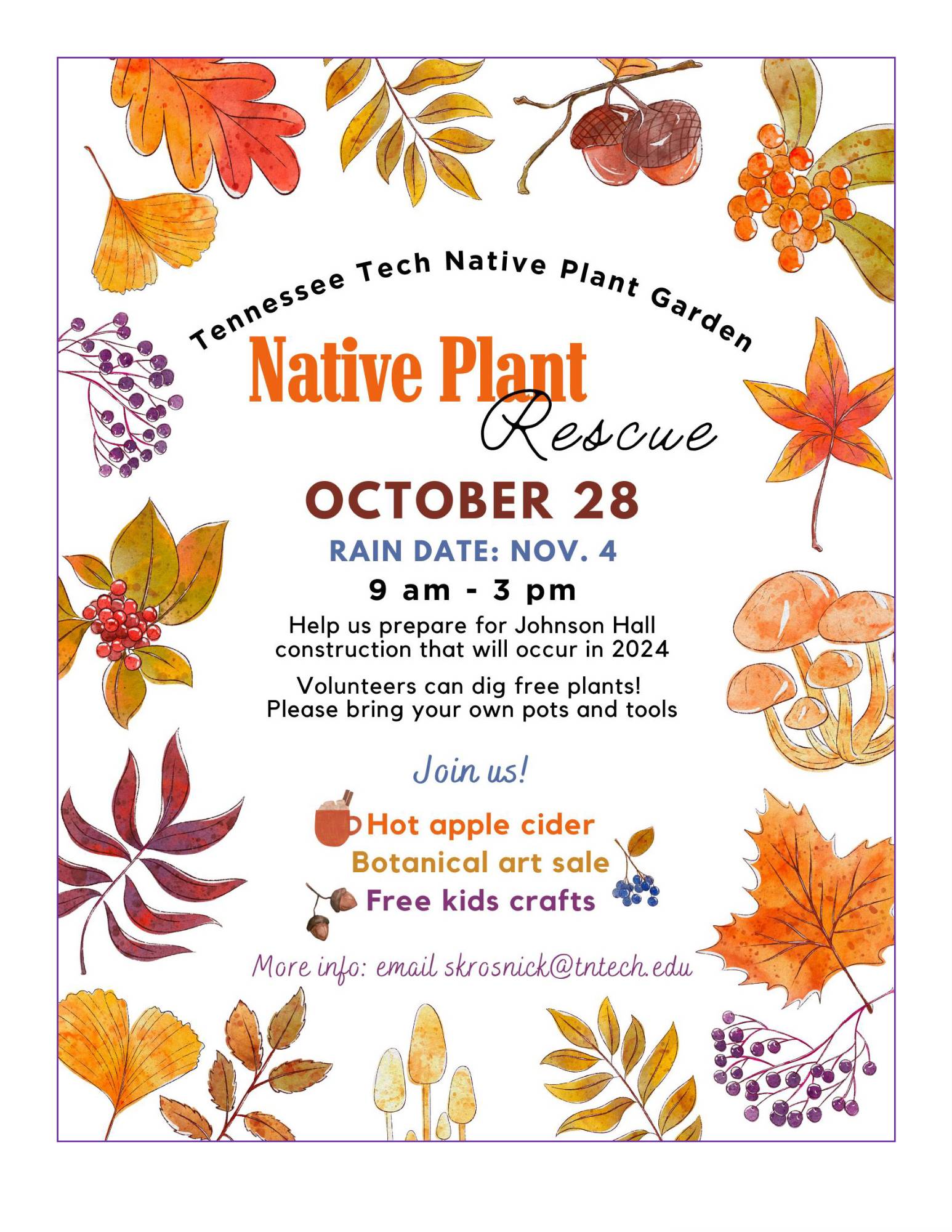 Native Plant Rescue flyer, Oct. 28 9 AM to 3 PM at the native plant garden, rain date Nov. 4