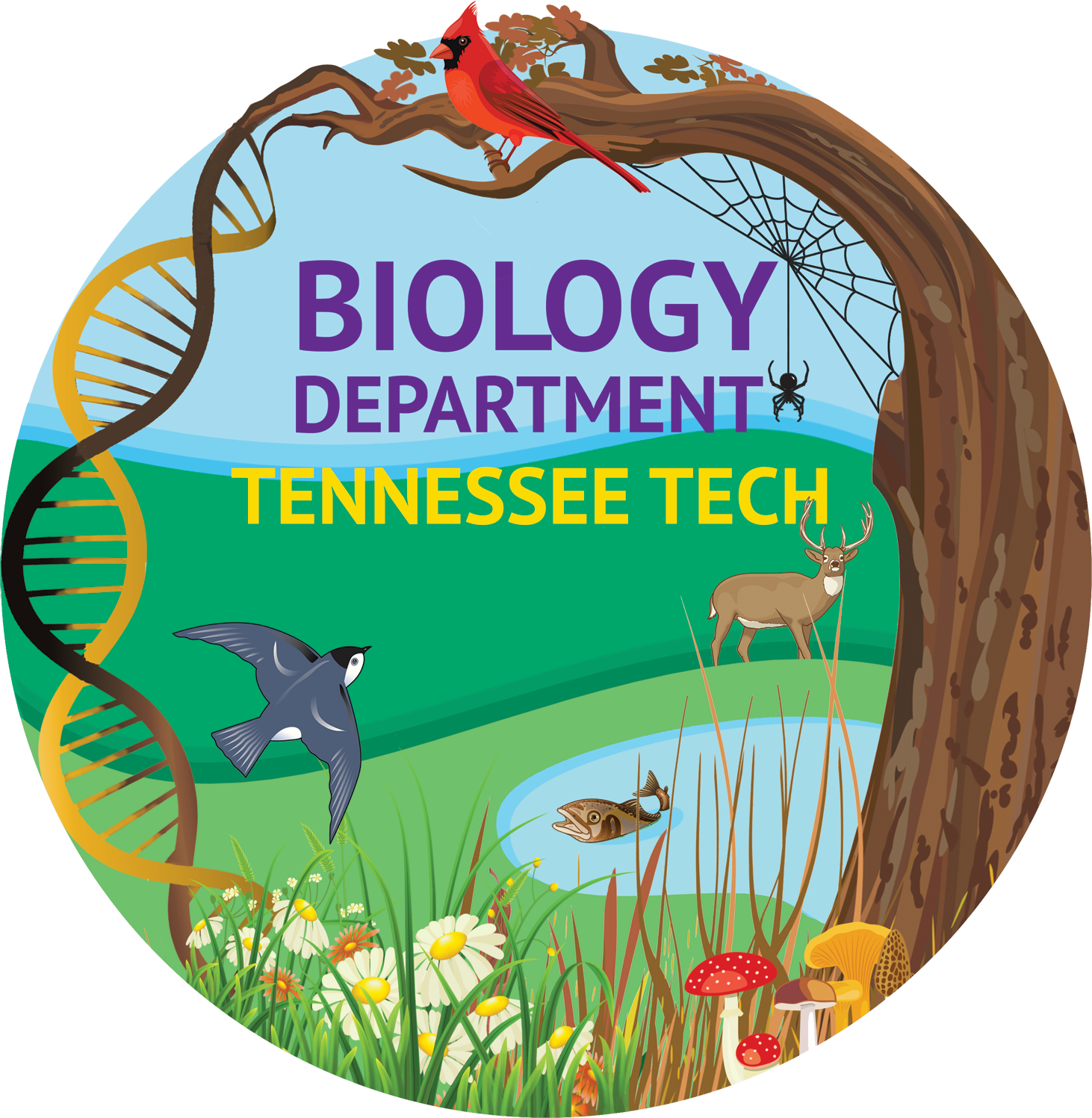 Biology Department at Tennessee Tech Logo; a scene with a tree, grassy hillside, a small poind, flowers, birds, and so on.