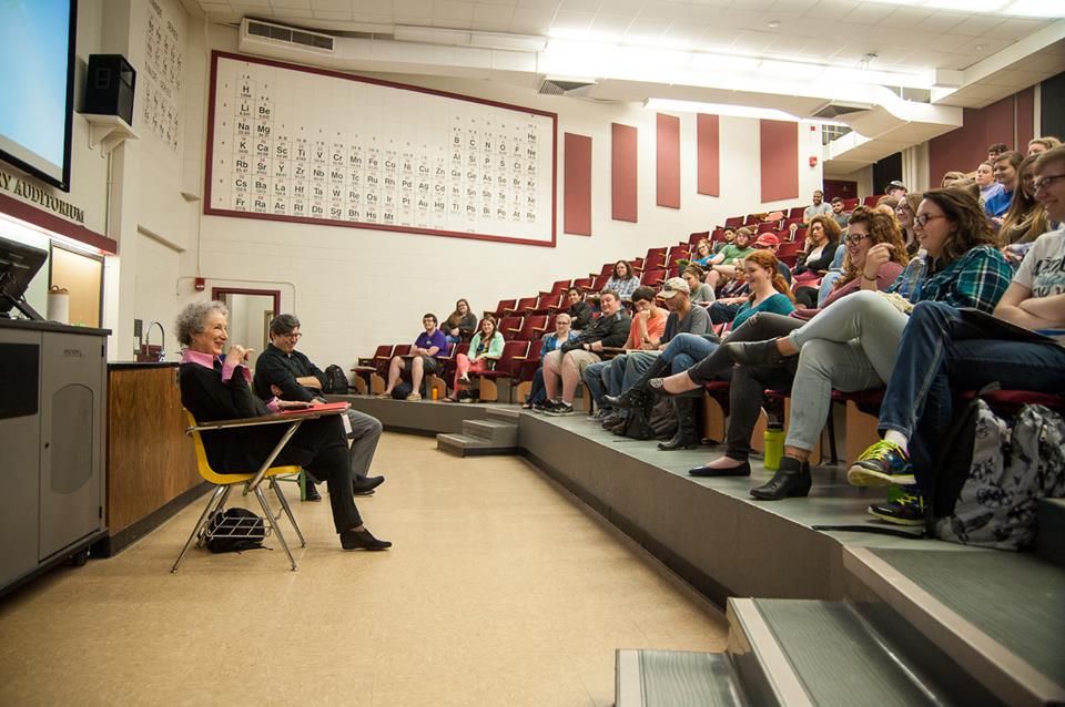 Dr. Ted Pelton interviewing author Margaret Atwood in Foster Hall, November 3, 2015