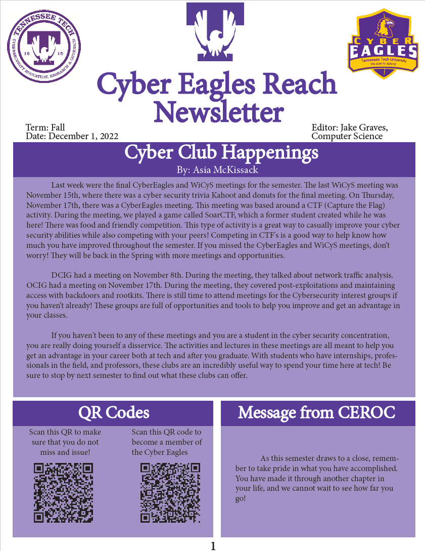 Cyber Eagles Reach Newsletter - Dec 2022