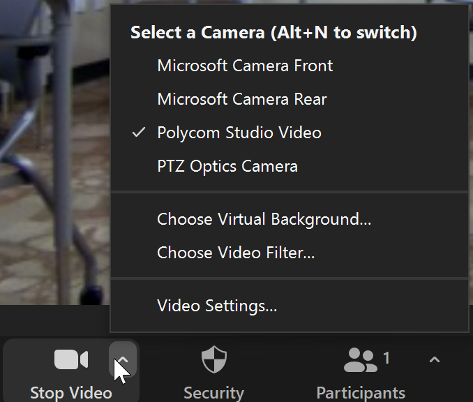 Screen capture of Zoom select a camera menu