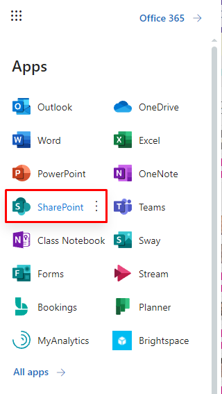 Choose SharePoint from the apps list