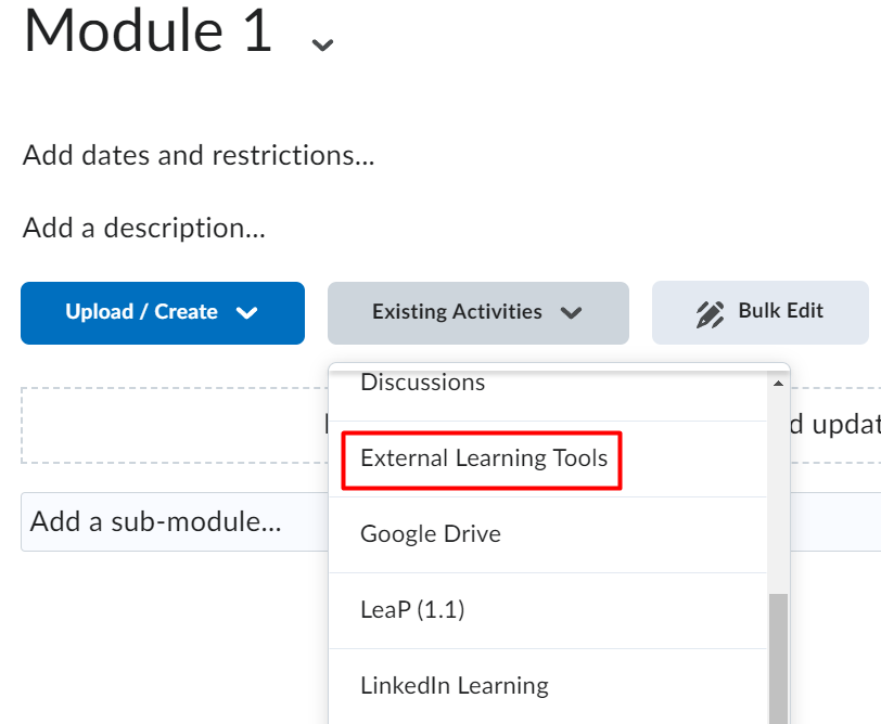 Select Existing Activities - External Learning Tools