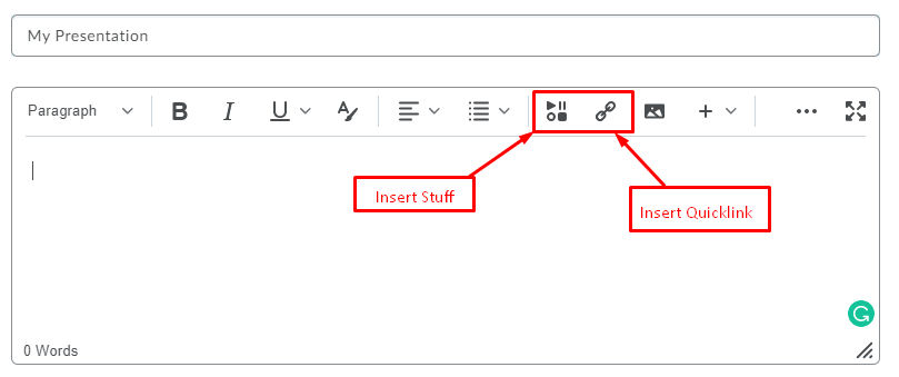 HTML Editor - Insert Stuff and Insert Quicklink icons