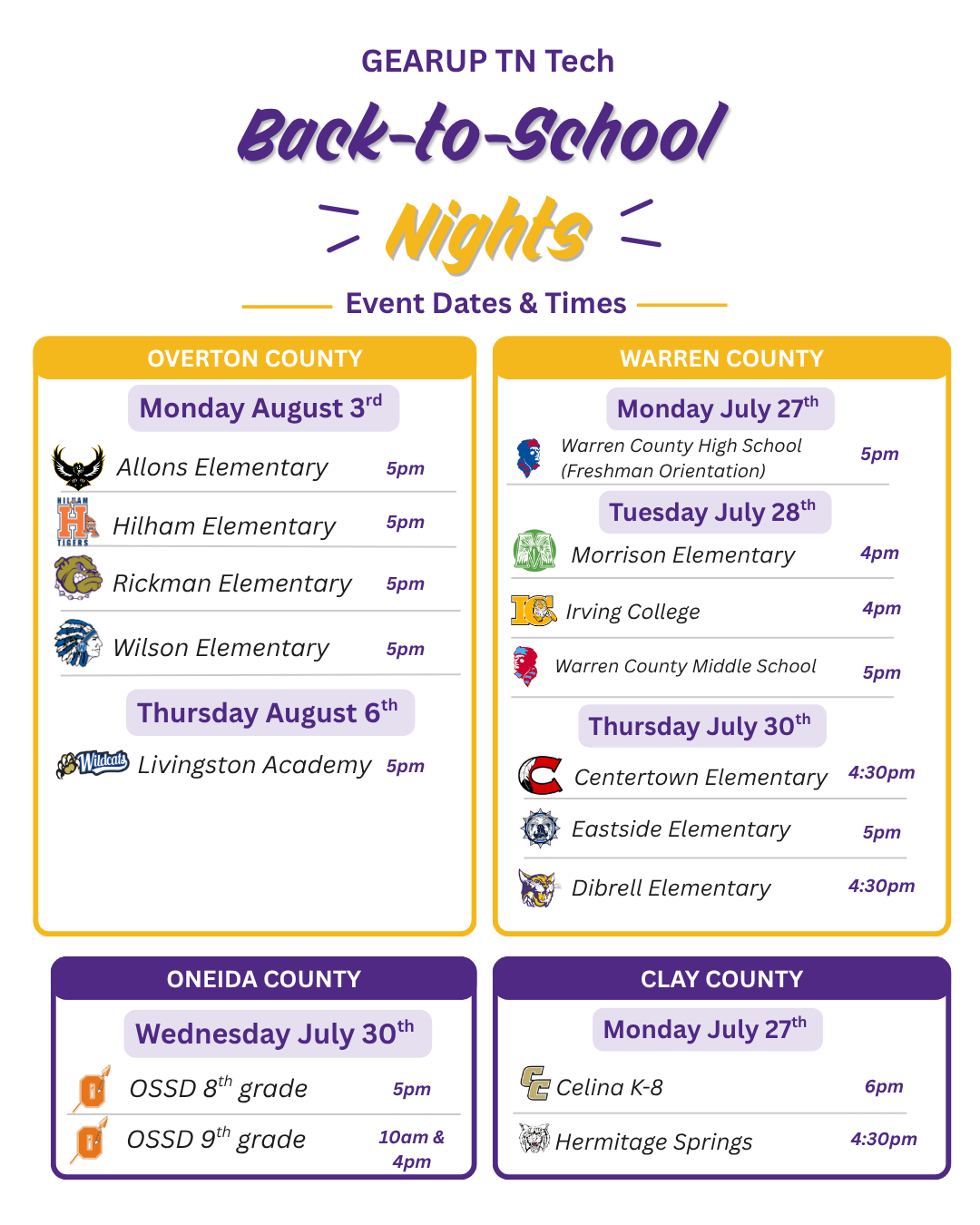 GU Back to School Dates Flyer titled "GEARUP TN Tech Back-to-School Nights Event Dates & Times" displaying schedules by county: Overton County Monday, August 3rd at 5:00 PM: Allons Elementary, Hilham Elementary, Rickman Elementary, Wilson Elementary Thursday, August 6th at 5:00 PM: Livingston Academy Warren County Monday, July 27th at 5:00 PM: Warren County High School (Freshman Orientation) Tuesday, July 28th: Morrison Elementary (4:00 PM), Irving College (4:00 PM), Warren County Middle School (5:00 PM) Thursday, July 30th: Centertown Elementary (4:30 PM), Eastside Elementary (5:00 PM), Dibrell Elementary (4:30 PM) Oneida County Wednesday, July 30th: OSSD 8th grade (5:00 PM), OSSD 9th grade (10:00 AM & 4:00 PM) Clay County Monday, July 27th: Celina K-8 (6:00 PM), Hermitage Springs (4:30 PM)