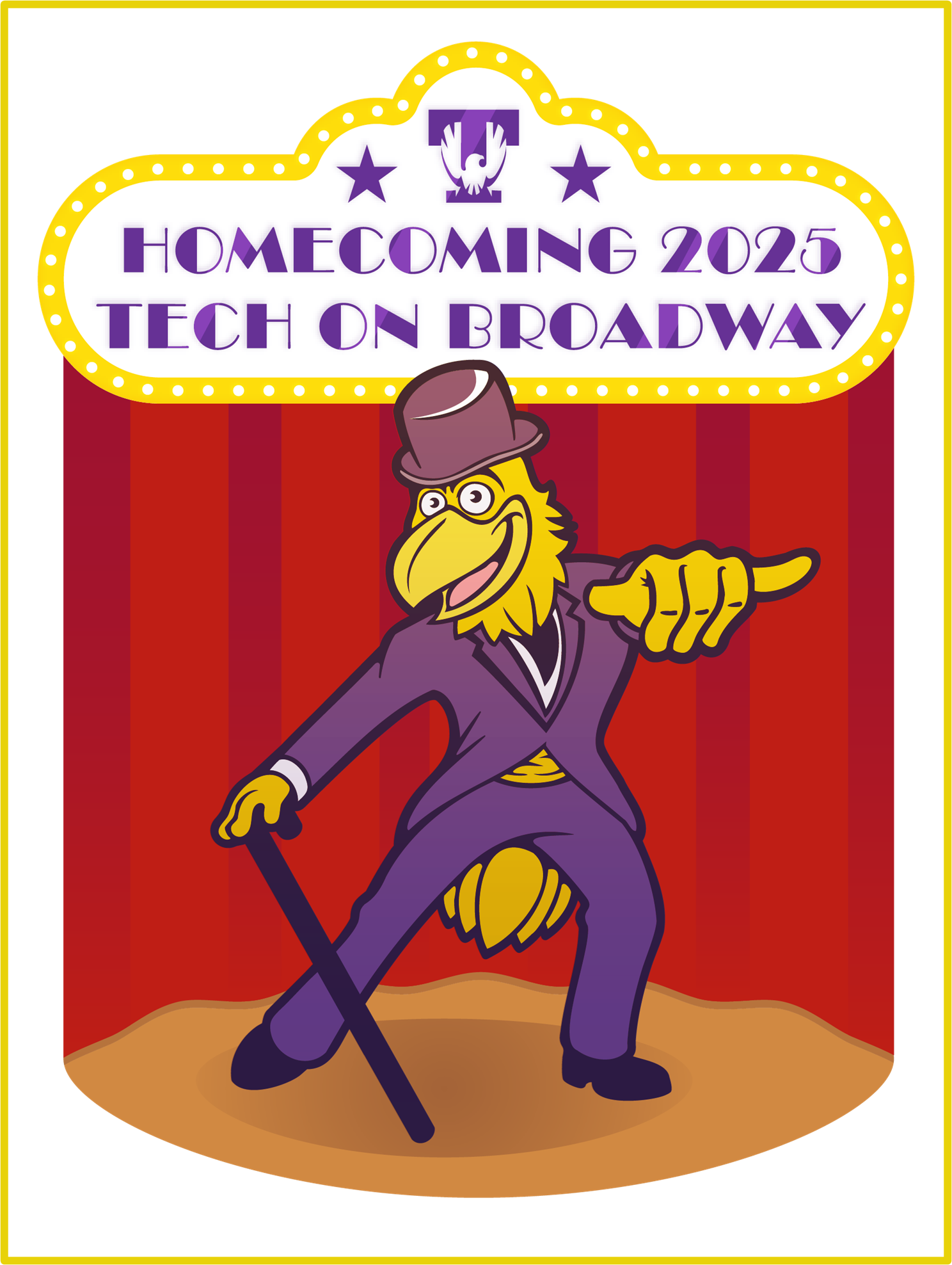 Awesome Eagle in a tuxedo dancing with a cane in front of a red curtain