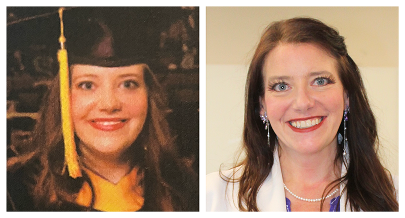 A picture of young April Crockett wearing a graduation gown and cap, next to current day Crockett