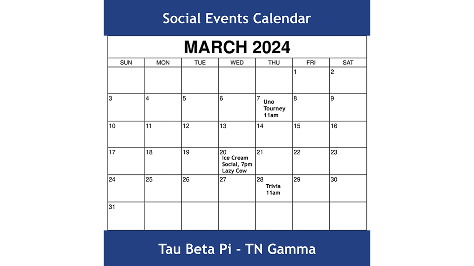 Tau Beta Pi social events scheduled for March 2024