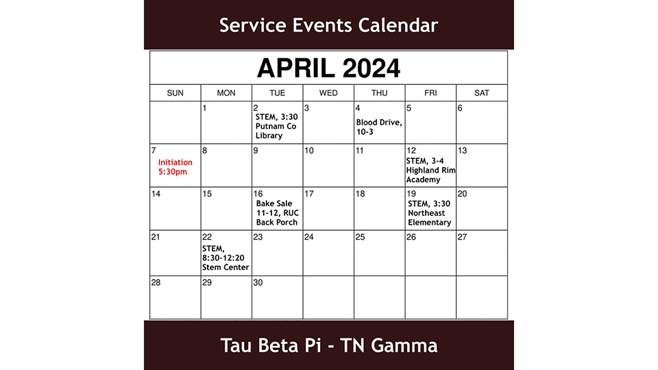 Tau Beta Pi service events scheduled for April 2024