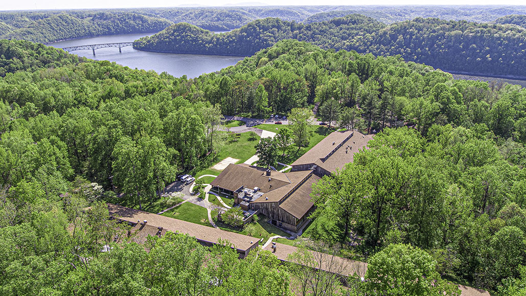 Aerial view of the Craft Center with the lake in the background.