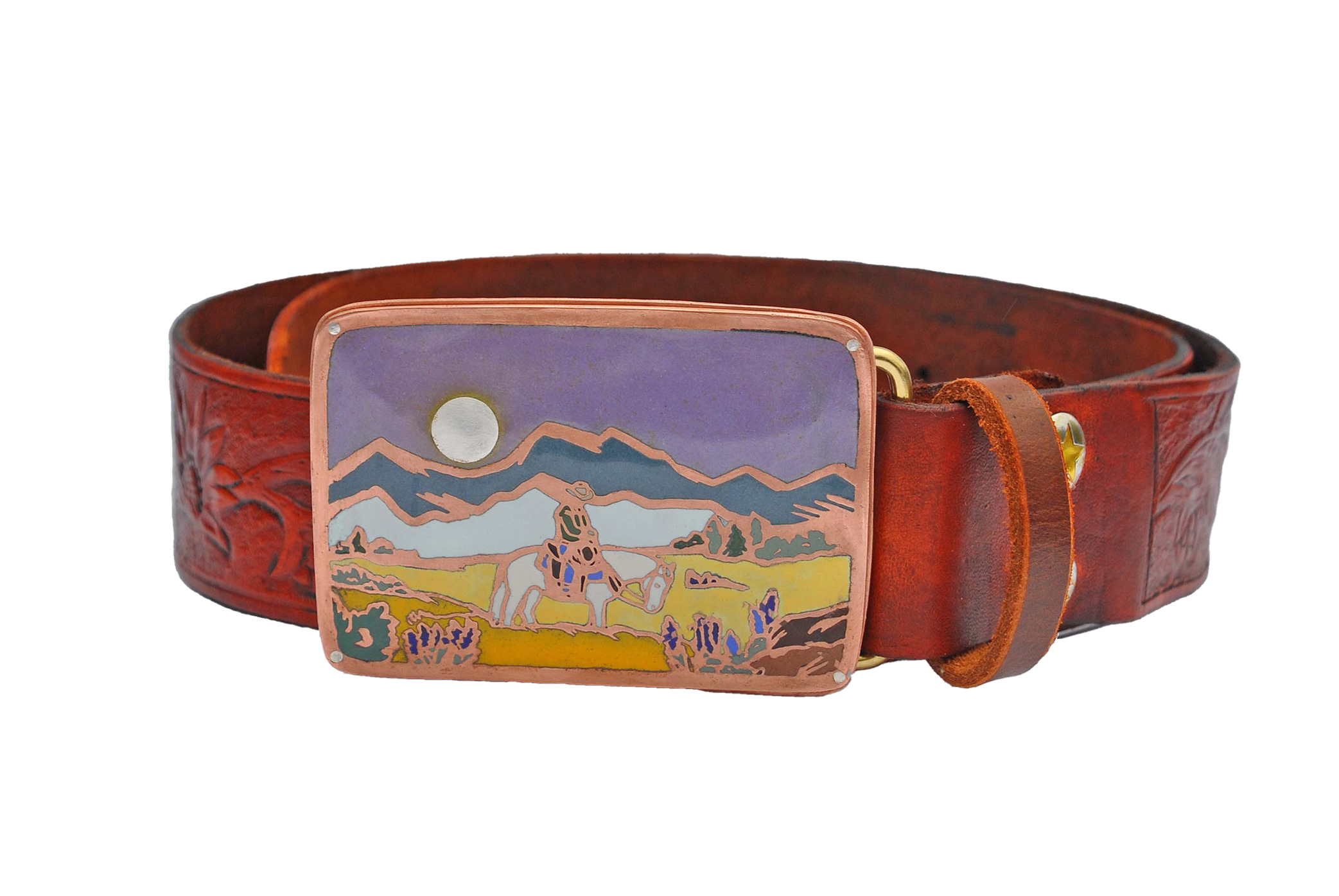 A belt with metal enameling designs on the buckle