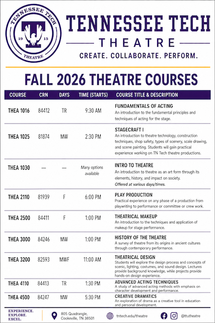 fall 2026 theatre courses FALL 2026 theatre courses, fundamentals of acting, stage craft 1, intro to theatre, play production, theatrical makeup, history of theatre, theatrical design, advanced acting techniques, creative dramatics