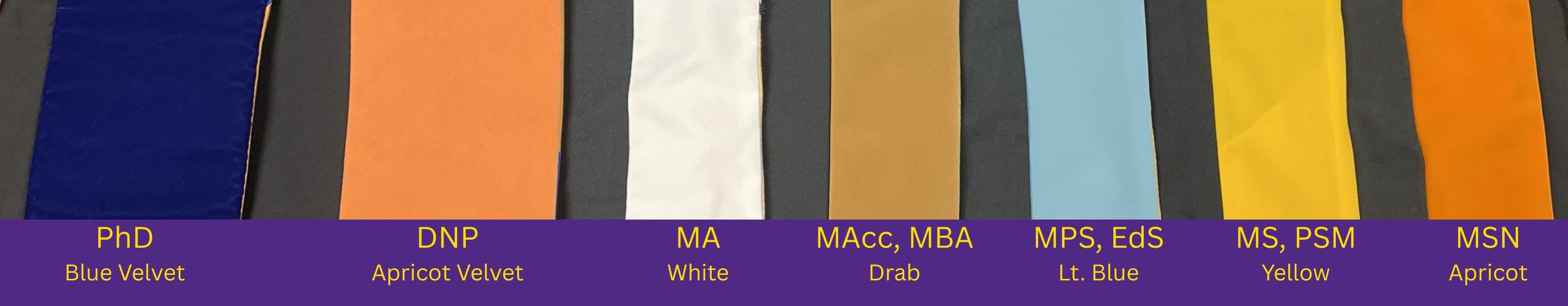 Graduate hood colors:PhD-Blue Velvet, DNP-Apricot Velvet, MA-white, MAcc/MBA-drab, MPS/EdS-Light blue, MS/PSM-yellow, MSN-apricot