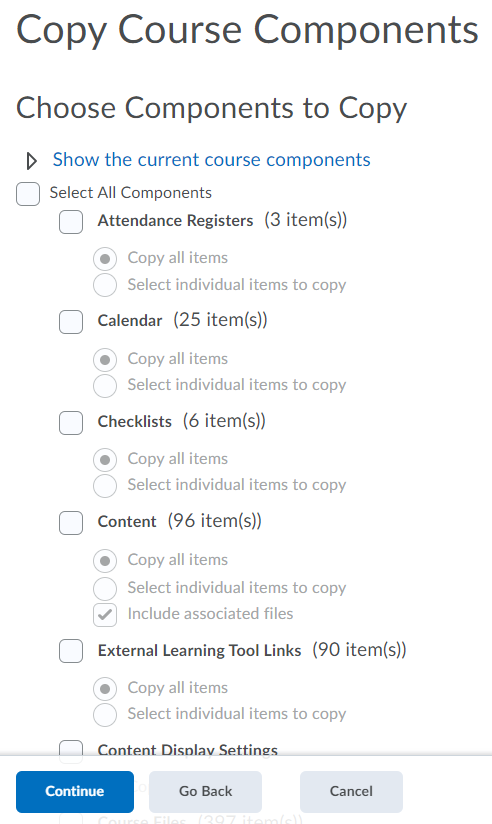 Select the items to copy, click Continue