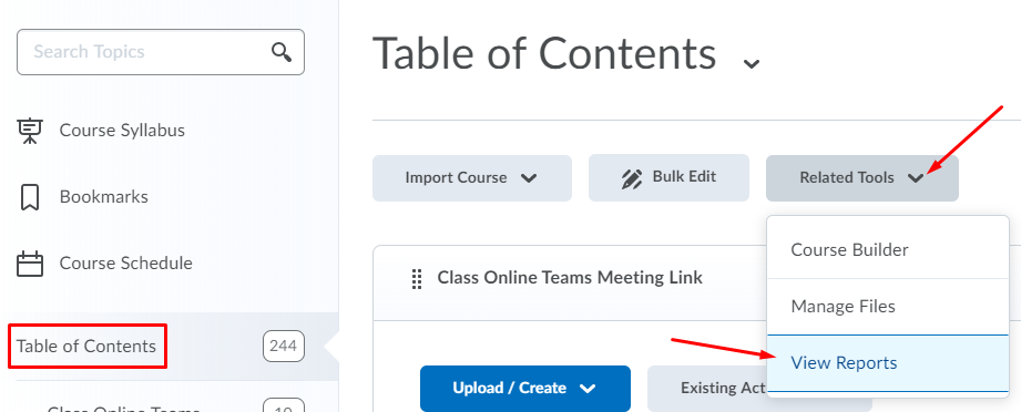 Table of Contents link - Related Tools button - View Reports