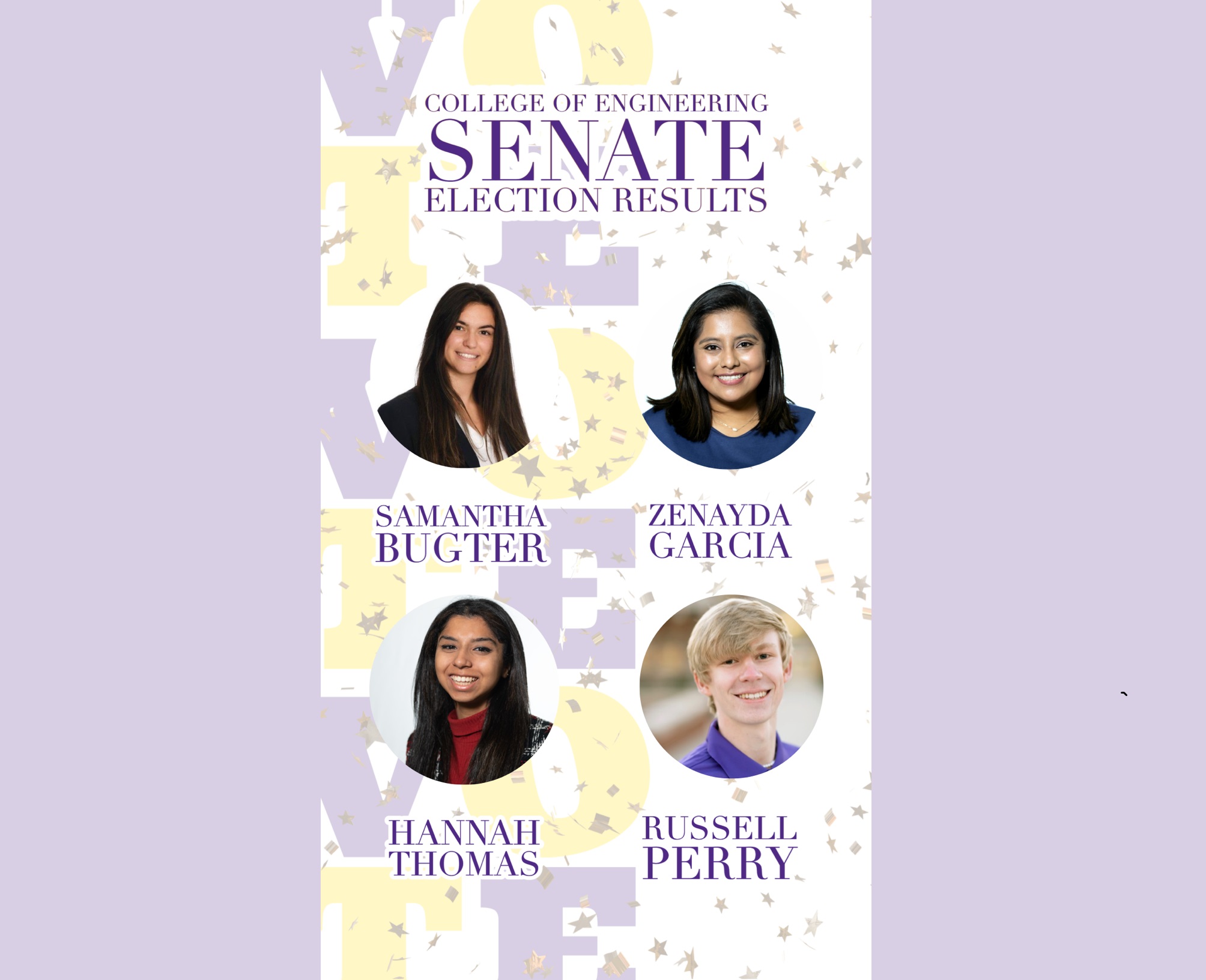 2022-2023 College of Engineering Senators: Samantha Bugter, Zenayda Garcia, Hannah Thomas, & Russell Perry