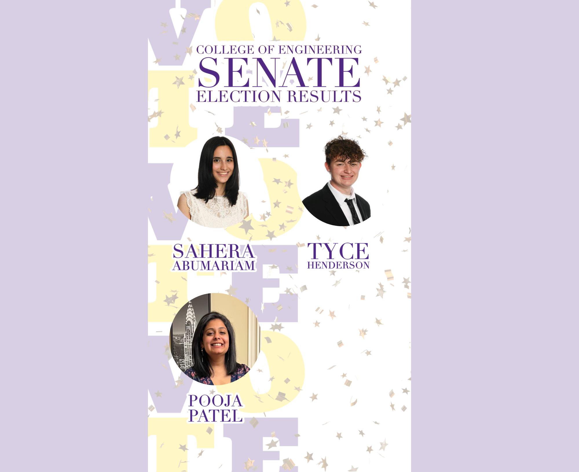 2022-2023 College of Engineering Senators: Sahera Abumariam, Tyce Henerson, & Pooja Patel 