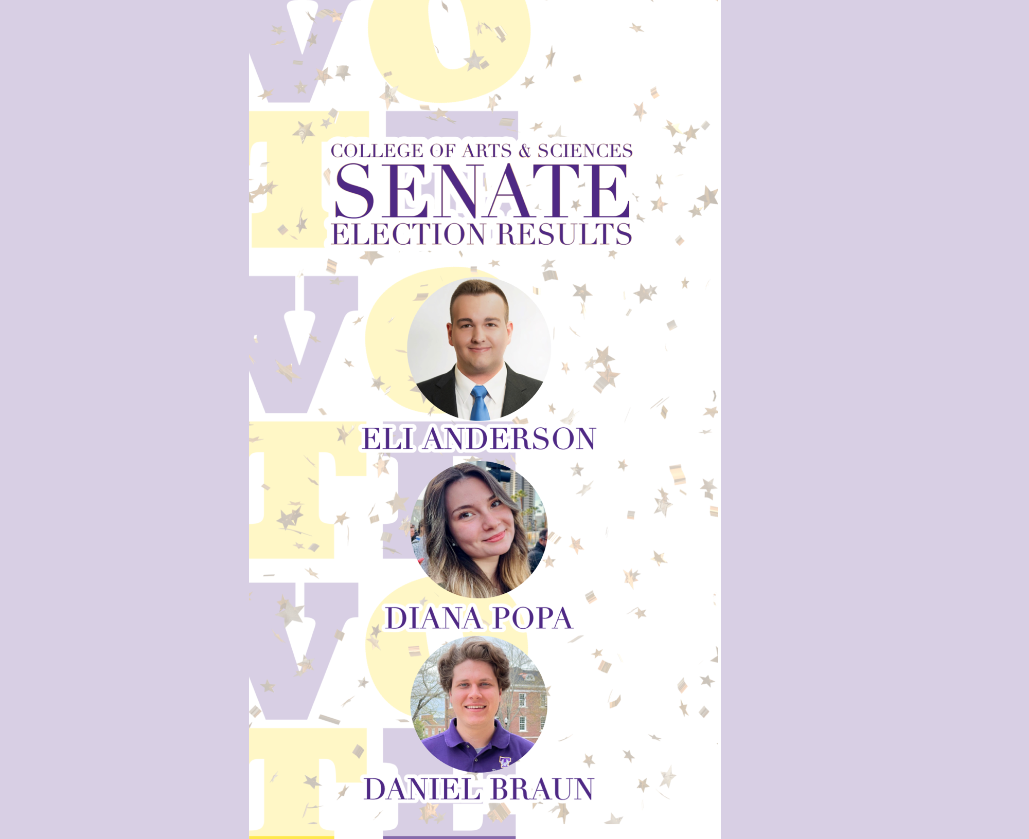 2022-2023 College of Arts & Sciences Senators: Eli Anderson, Diana Popa, & Daniel Braun