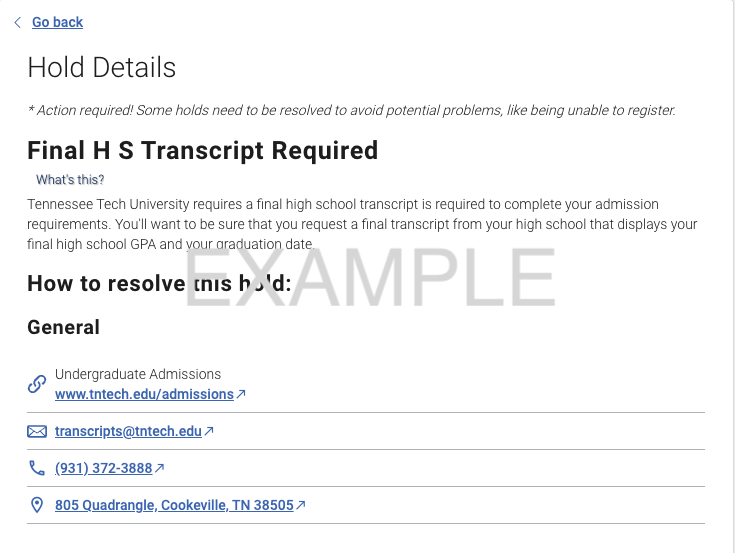 Image of the Hold Details screen within Navigate360 Student app that shows information about the hold and who to contact.