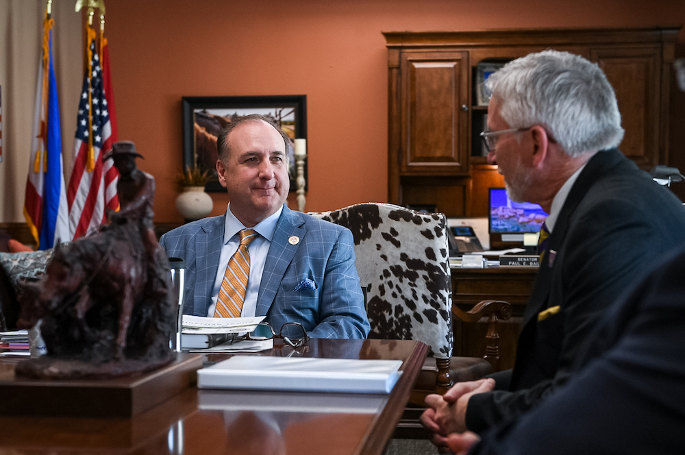 Tennessee Tech President Phil Oldham (right) meets with Senator Paul Bailey during Tennessee Tech Day on the Hill at the state capitol.