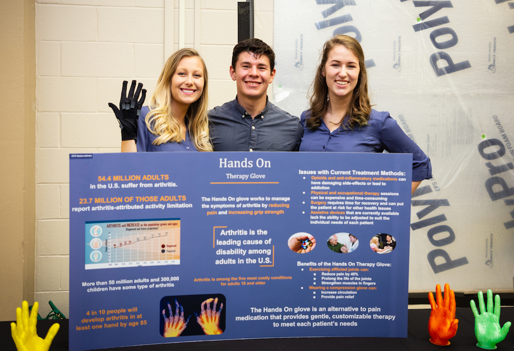 The team of Téa Phillips, Sergio Ramirez and Ashley Wheeler won the 2018 Eagle Works competition with the Metaflex Therapy Glove, a prototype in Tech's Clinical Immersion at Disciplinary Interfaces course taught by Melissa Geist, featuring nurses and engineers.