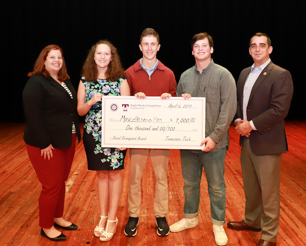 From left, Andrea Kruszka, Eagle Works manager; Katie Patterson, Blake Daniels and Will Talbert, Miscellaneous Men; and Michael Aikens, Tech’s director of innovation and entrepreneurship.