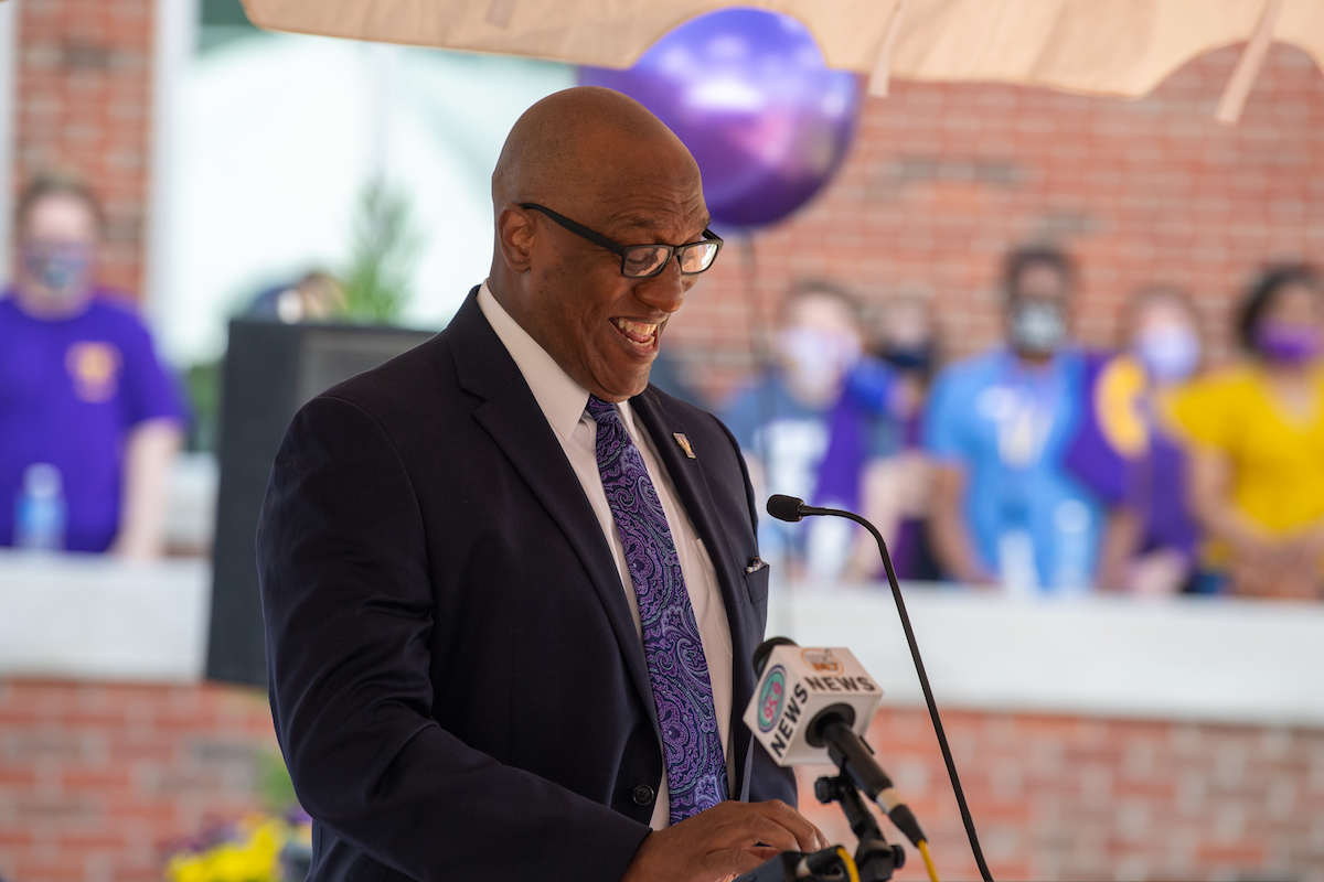 Marc Burnett speaks to the crowd during the official dedication of the Marc L. Burnett Student Recreation and Fitness Center on Friday at Tennessee Tech.