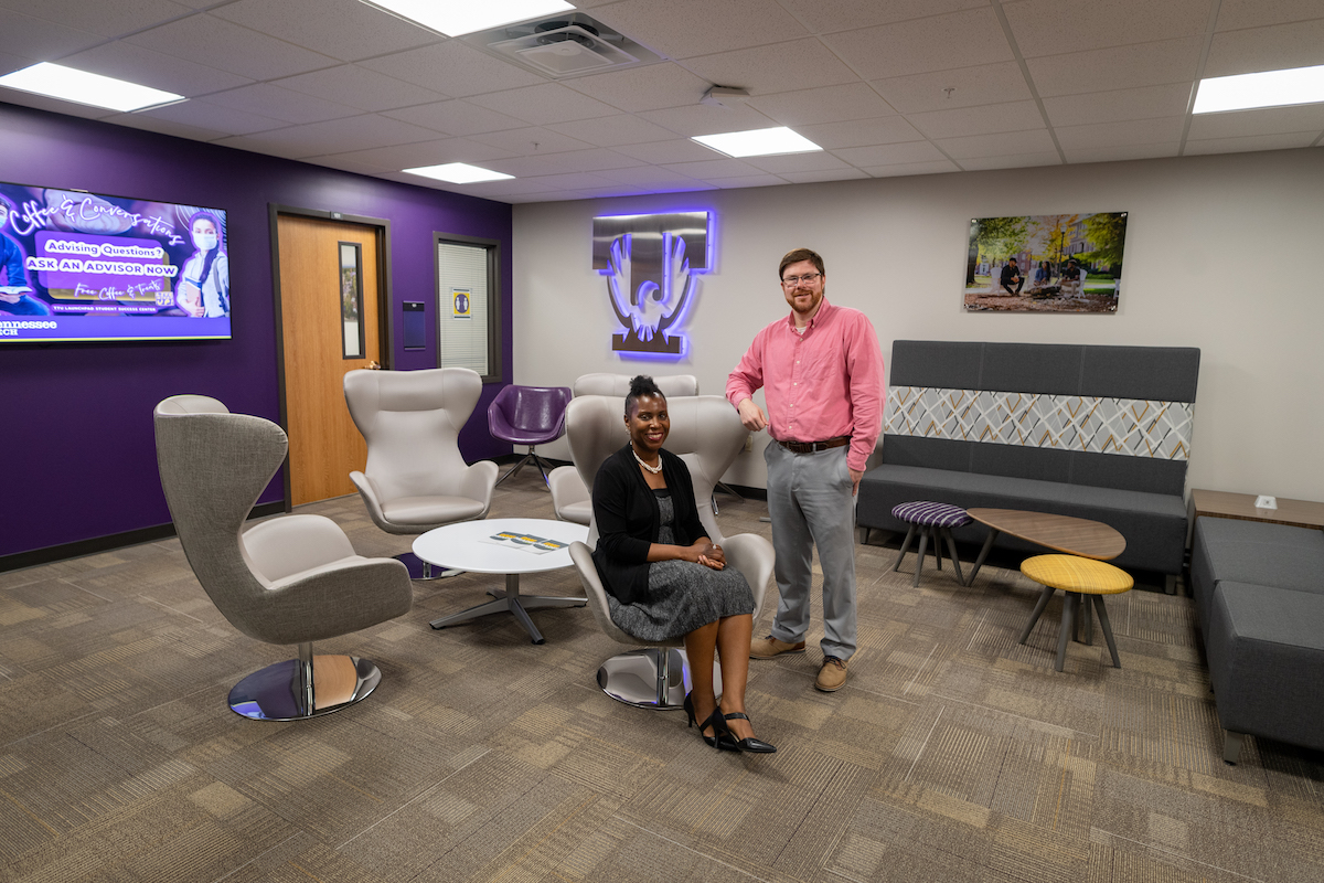 Simone McKelvey, director of the Launchpad Student Success Center, and Christopher Kohl, assistant director, are ready to serve students in the new Launchpad Student Succes Center located on the first floor of the Volpe Library.
