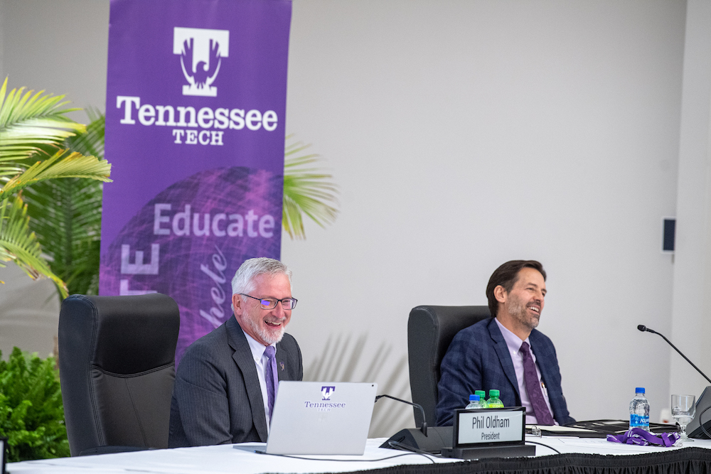 President Phil Oldham and Trustee Tom Jones are pictured at the December 2021 meeting of the Tech Board of Trustees