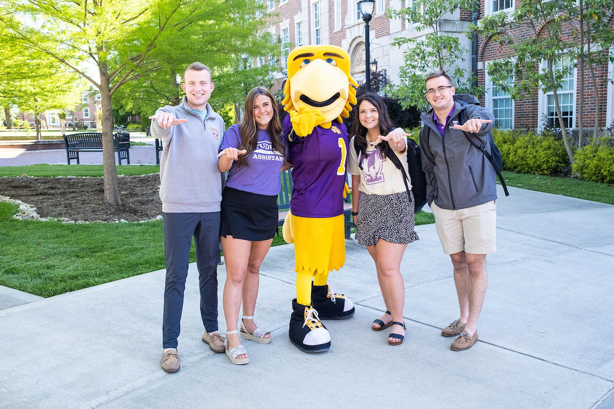 Tennessee Tech students Daniel Hines, Jazmine Lawson, Zach Huff and Morgan Oyster join Awesome Eagle on Tech’s Centennial Plaza.