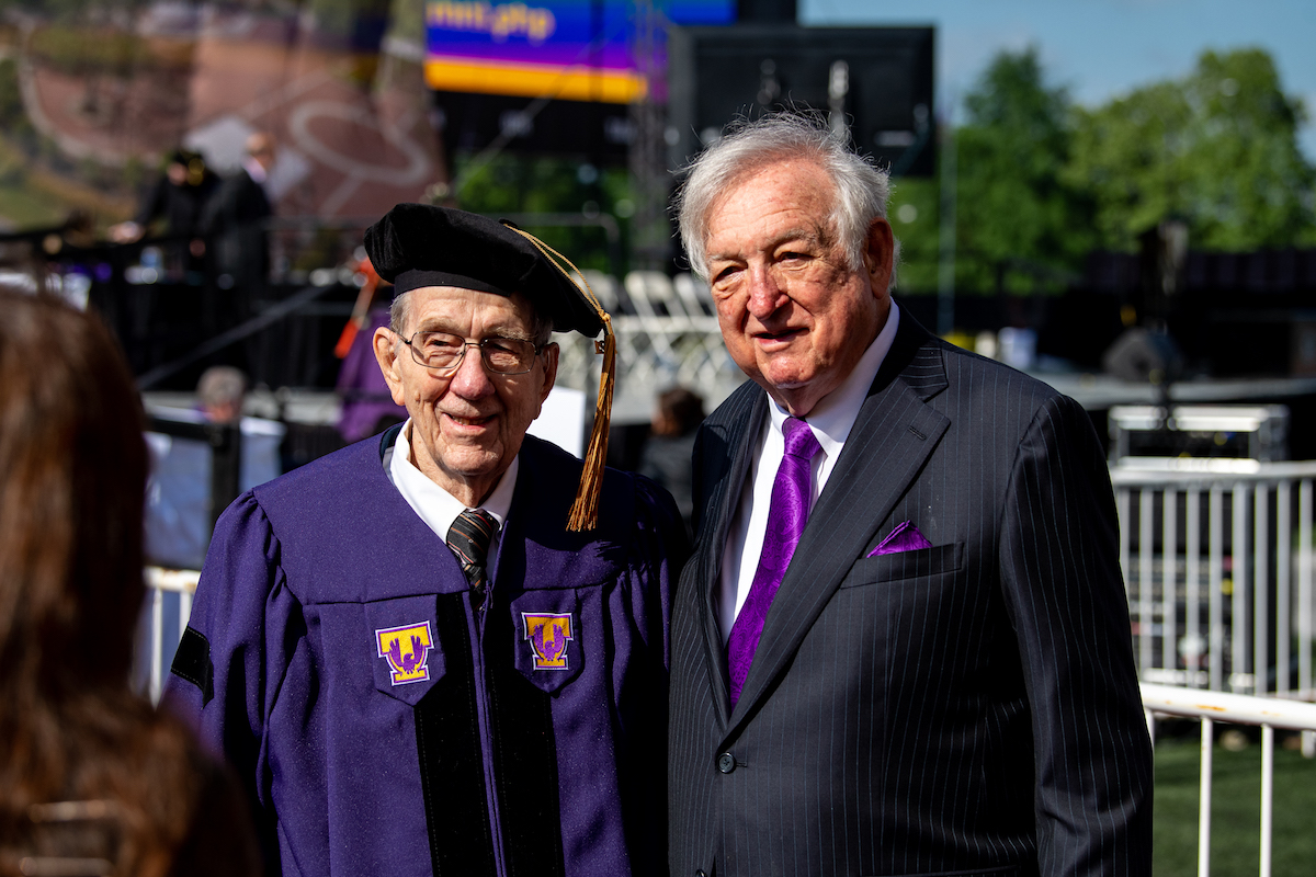 Two alumni, who have given Tech students extraordinary support and service, were given honorary degrees. Harry Stonecipher (left) received an honorary doctorate in engineering and Millard Oakley received an honorary doctorate in agriculture.