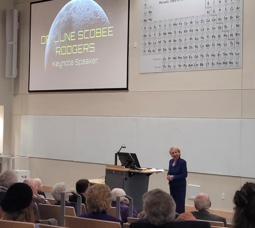 June Rodgers speaks at Tech's recent NASA event.