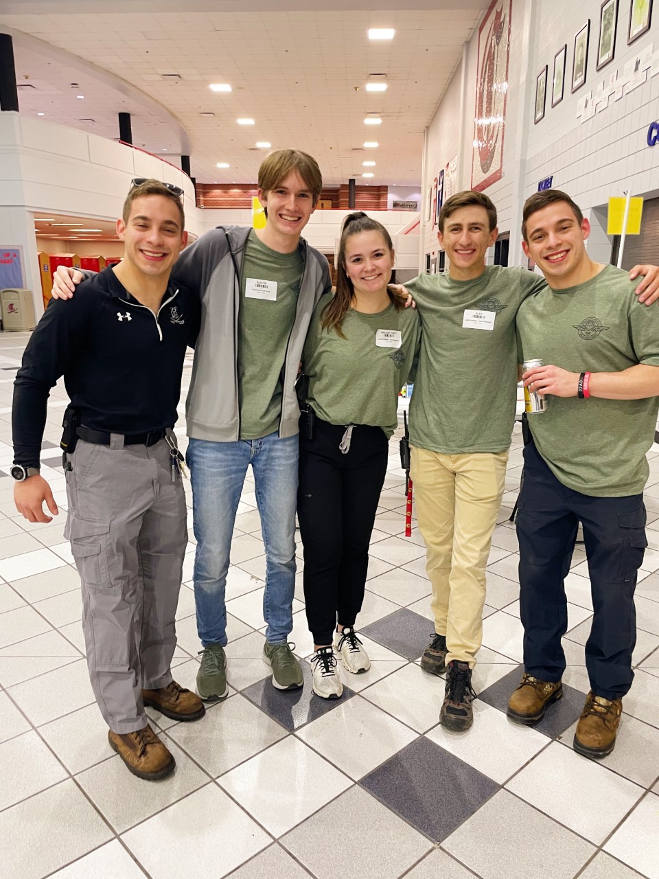 Tech students pose for a group photo. From left: Dominick Coker (Parking Lot/Fundraising Lead), Austin McCowan (Recruitment Lead), Maggie Teat (Promotions Lead), Alex Stovall (Head Lead), Alexander Coker (Hospitality Lead).