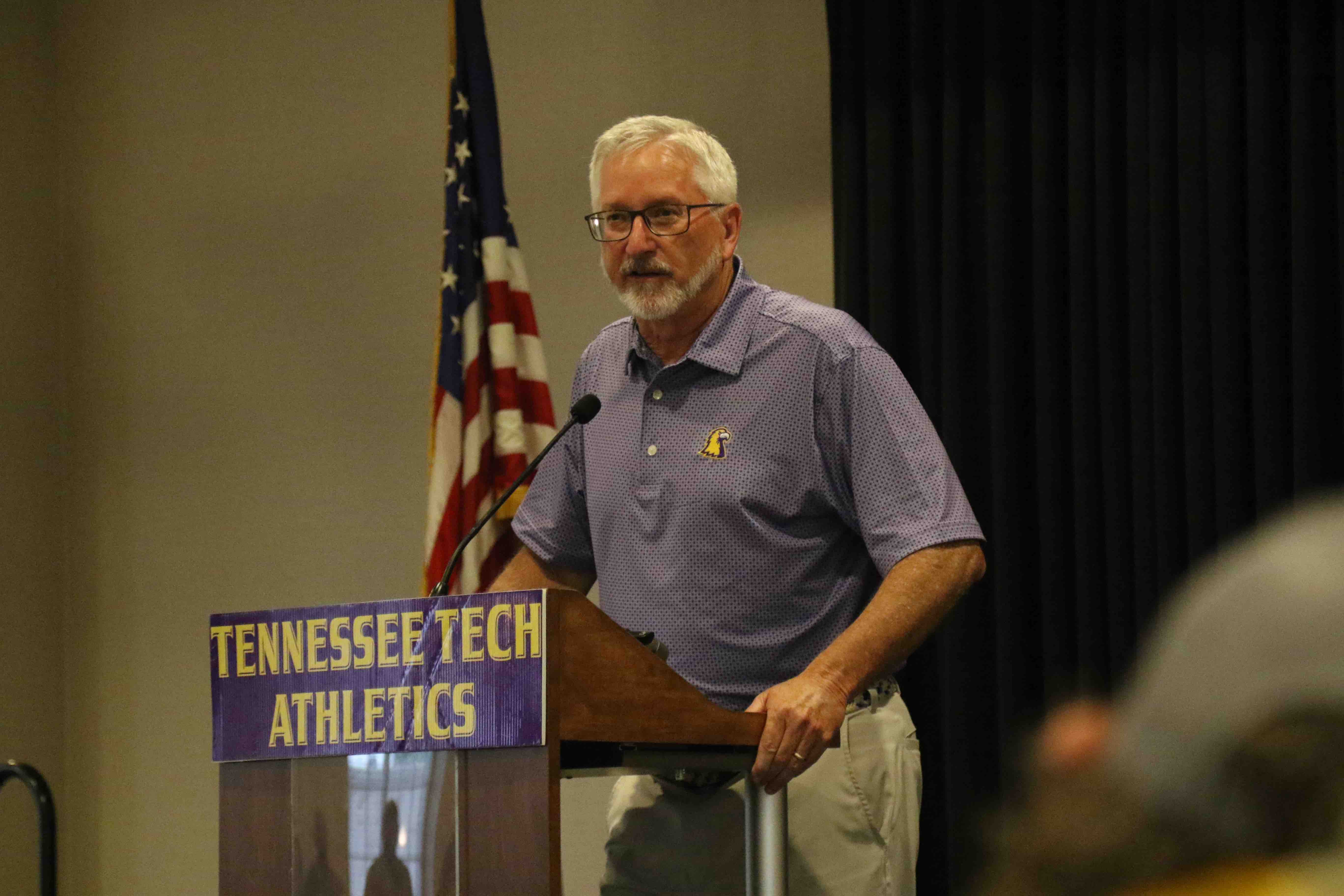  President Oldham delivers remarks at the Tech Football Alumni Reunion and Golf Classic.