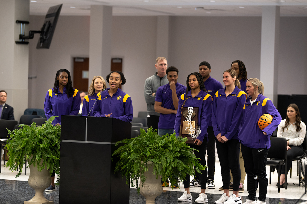 Members of the Tech women's basketball team are recognized at the Board of Trustees meeting.