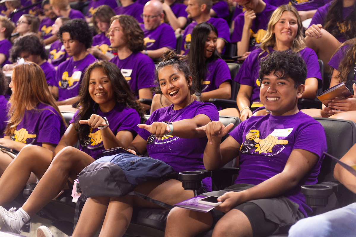 New Tech students give a “Wings Up” gesture at Tech’s annual freshman convocation on Aug. 15, 2023. 