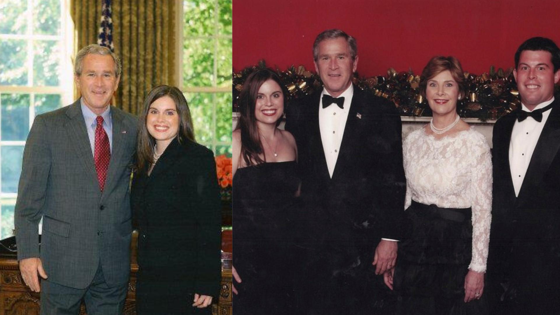 Left: Judd is photographed in the Oval Office with President George W. Bush. Right: Judd and her brother, Jed Douglas, are pictured with President and First Lady Bush at the annual Congressional Ball. 