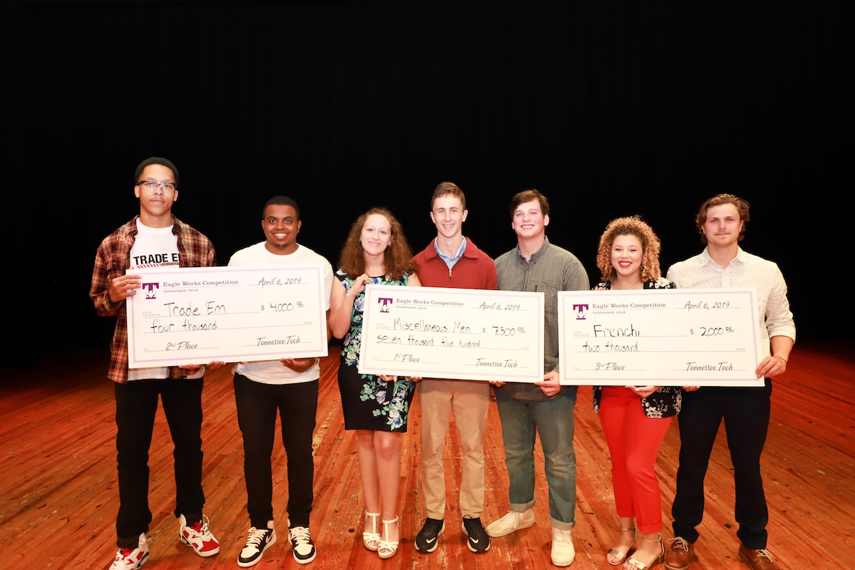 The 2019 Eagle Works winners proudly display the money they received for placing in Tennessee Tech’s student innovation and entrepreneurship competition. This year’s competition will be held Saturday, April 18, at 2 p.m., in a virtual webinar that is open to public viewing.