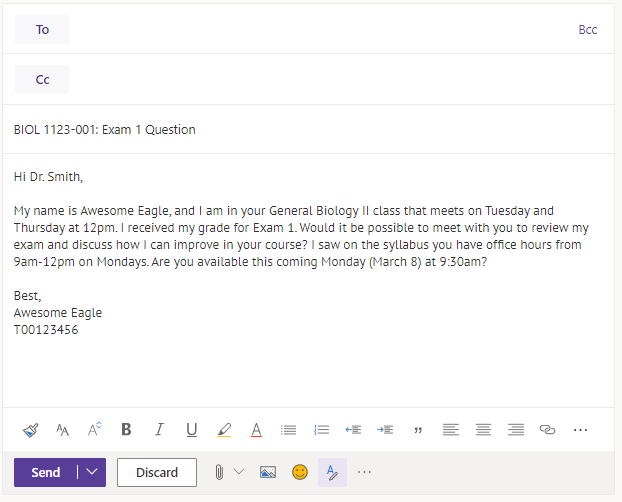 Sample email to professor from student
