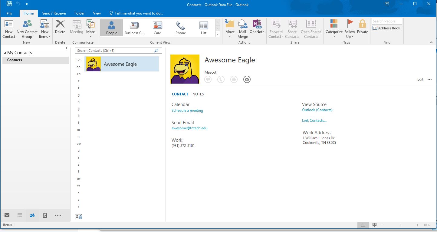 Example of how the vCard appears in Windows version of Outlook