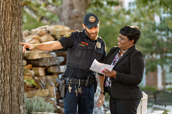 University Police talking to a woman