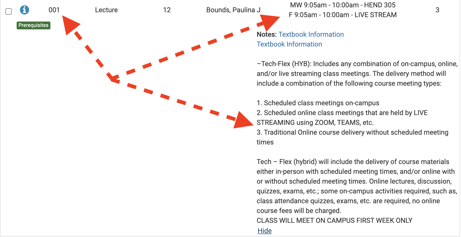 Example of what a hybrid/Tech Flex course looks like in Schedule Planner.