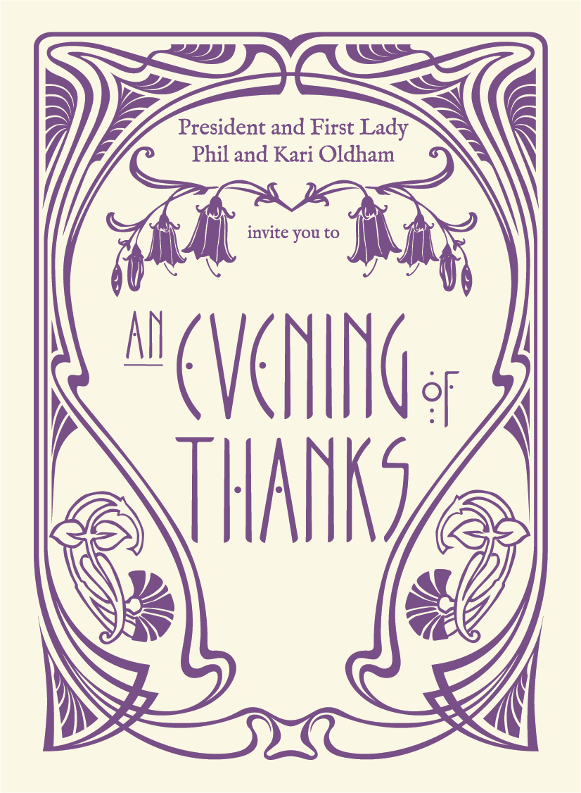 "An Evening of Thanks" in purple font in an art nouveau design