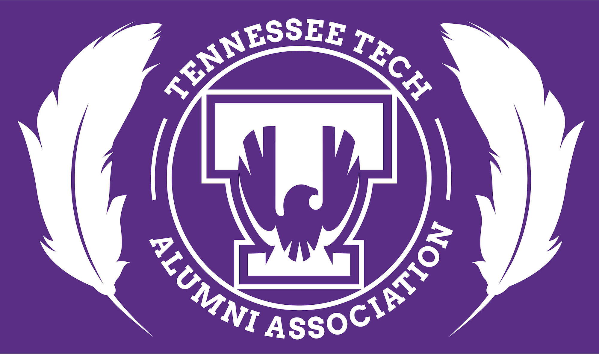 A purple background with a Tennessee Tech Alumni Association seal and two white feathers