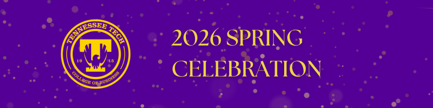 College of Business Spring Celebration banner with purple background and gold font